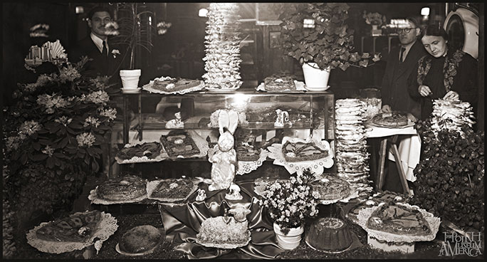 Store front window of the Lenard's Restaurant with Easter decorations and baked goods, 1160-70 Milwaukee Avenue, Chicago, fragment of a larger photograph from the 1930s, Collection of the Polish Museum of America