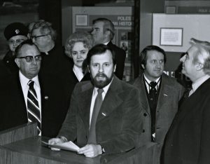 T. Swigon, President of the PMA at the opening of the Polish Museum Traveling Exhibit at the Chicago Civic Center. February 11, 1977.