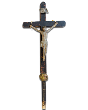 Wooden components, nails, and Processional Cross from the first Panna Maria Church; Collection of the Polish Museum of America
