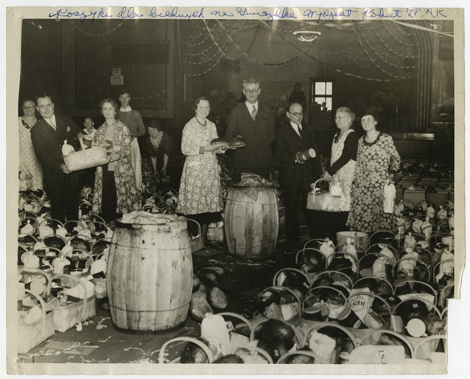 Photograph from the collection of the PMA: Food baskets for those in need, given out on the occasion of Thanksgiving, prepared by the Women's Department of the PRCUA, circa 1941-1945