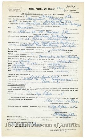 Karta zgloszenia do Armii Polskiej we Francji - Stanislaw Kotlarz